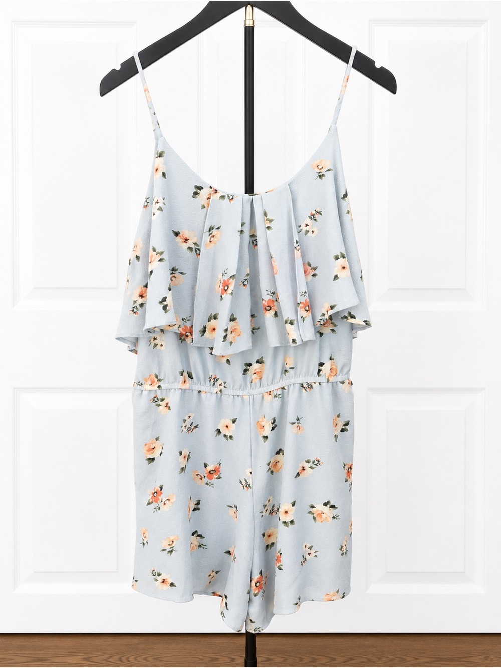 Blu Pepper Light Blue Floral Romper with Peach Blooms